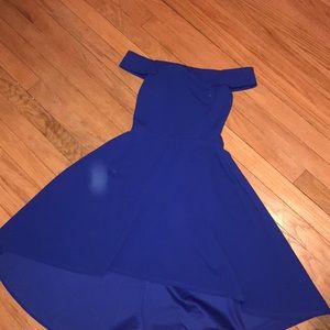 off the shoulder blue formal dress